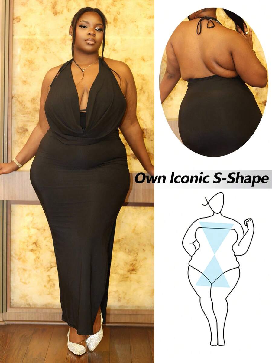 Hourglow Ceceforeign_ Plus Size Women's Minimalist Basic Dress, Elegant Ruched Front Halter Slit Backless Long Dress For Dating, Vacation, School, Formal Occasions, Black, Autumn,Birthday Dresses For Women, For Hourglass Body Shape, For Body Shape, For Summer - Black - View 1