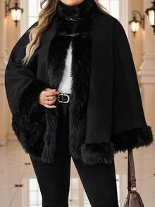 SHEIN CURVE+ Ropa de mujer talla grande de Navidad/Ropa de otoño para mujer/Ropa de invierno para mujer talla grande - Capa de lana sólida con pelaje