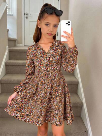 Tween Girl Casual Ditsy Floral Long Sleeve Dresshalloween Fall Homecoming Dresses Halloween Suitable For Autumn/Winter Daily Wear,Street Style, Home Christmas Long Sleeve Dress Girls Fall Dress For Girl Midi Floral Dress Tween Long Sleeve Thanksgiving Suitable For Daily, Celebration, Autumn & Winter Outfits For Easy Comfort, Autumn & Winter Layers For Girls, Stylish Girls