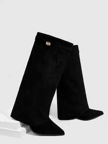 CUCCOO SZL Women's Pointed Toe Chunky Heel Suede Western Boots With Fringe, Slim Fit Tall Boots For Christmas - Black - View 5