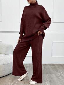 SHEIN Tall Pulover cu guler înalt și umeri căzuți, 2 buc., și pantaloni cu nervuri, culoare uni - Burgundia - Vizualizare 3