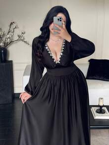 Flirla Vestido ajustado de unicolor, vintage, romántico y elegante con escote en V - Negro - Ver 6