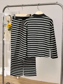 Tween Girl Striped Long Sleeve T-Shirt And Wide Leg Pants Casual Outfit, Autumn - Black - View 10