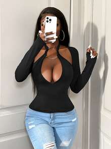 BamGleam Black Sexy Hollow Metal Circle T-ShirtBlack Sexy Hollow Metal Circle T-Shirt - Black - View 5