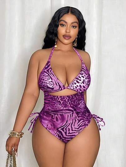 Slaydiva 大码女式豹纹三角上衣和系带下装连体泳衣，适合海滩度假