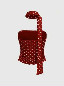 ROMWE J-Fashion 女士休闲波尔卡圆点褶皱修身抹胸（配围巾） - 酒紅色 - 查看 4