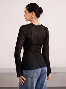 Heiryn Women's Zebra Print Mesh Round Neck Flare Sleeve Fitted Sexy Fashion T-Shirt - Black - View 3