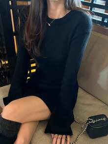 DAZY 女式秋季法式复古腰部收腰喇叭袖裙装搭配毛衣 - 黑色 - 查看 9