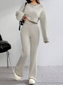 SHEIN EZwear 女式休闲浅灰色撞色镶边圆领长袖毛衣和裤子两件套，女式秋季服装 - 淺灰色 - 查看 6