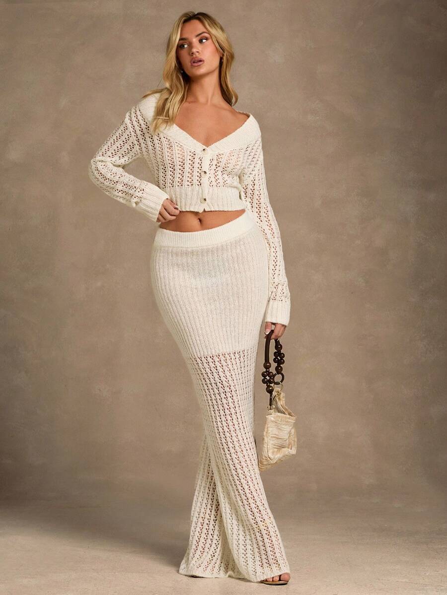 SHEIN Glamour 女士纯色镂空落肩长袖短款针织开衫 - 米色 - 查看 1