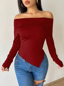 SHEIN Glamour 女士优雅通勤纯色露肩不对称下摆衬衫 - 酒紅色 - 查看 3