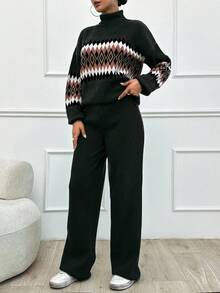 SHEIN Tall Women's Geometric Pattern High Neck Sweater 2pcs/Set, Tall Women - Dark Grey - View 4