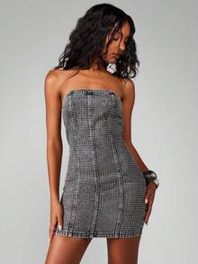 MISSGUIDED Women's Studded Bandeau Denim Mini Dress - Strapless Bodycon Party Club Night Out Rhinestone Embellished - Black - View 3