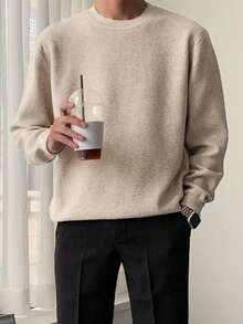 DAZY Men's Solid Color Crew Neck Beige Knit Sweater, Autumn - Beige - View 2