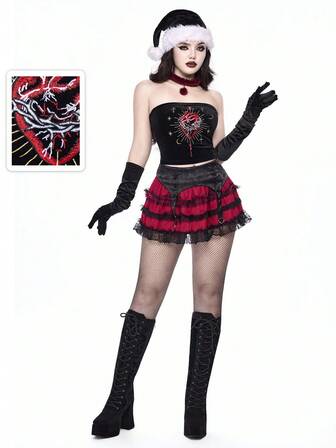 Goth Elegante top tubo gotico da donna in velluto con ricami di cuori, frecce, croci e lune