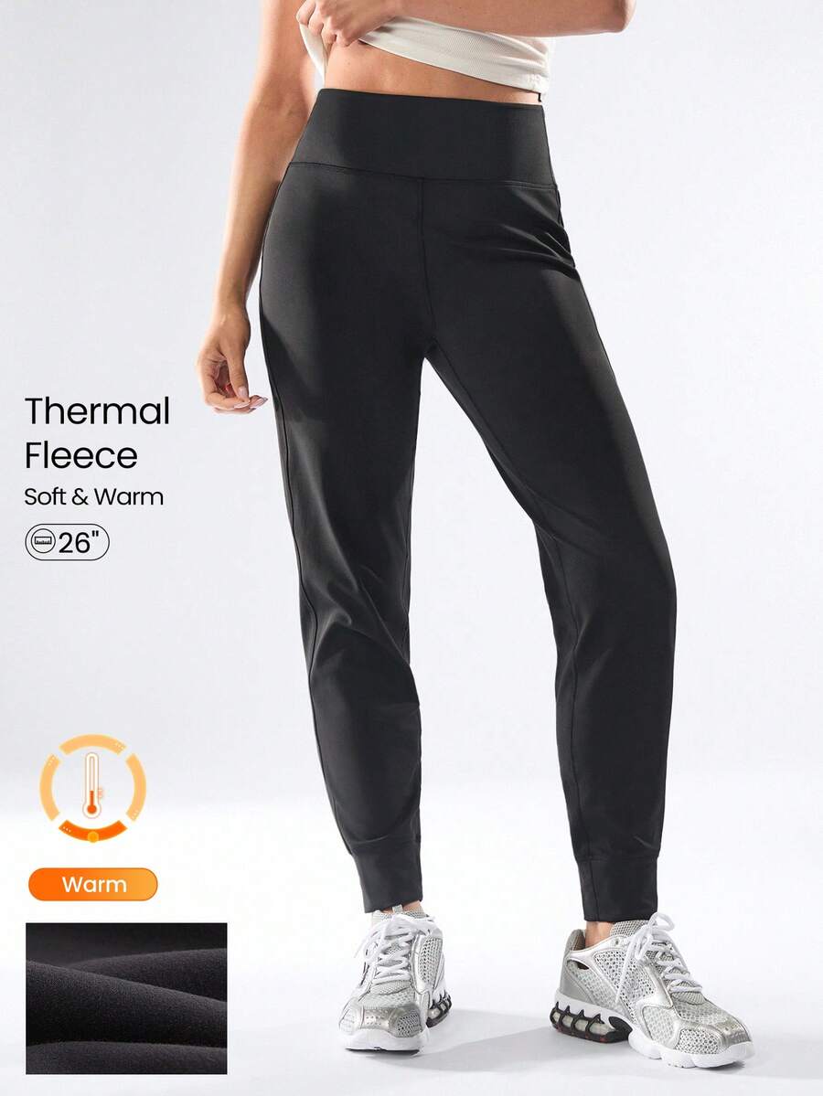 GLOWMODE FeatherFit™-温暖舒适常规版型慢跑裤，后背带拉链口袋，日常休闲，秋冬 - 黑色 - 查看 1