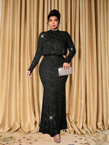 Cravure Plus Size Women's Autumn/Winter Knitted Glitter Fabric Round Neck Gathered Shoulder Long Sleeve Cinched Waist Flared Hem Casual Elegant Party Dress