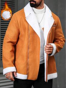 Manfinity Homme Men's Lapel NeckLong Sleeve Zip-Up Casual Jacket, Thermal Lined, Autumn/Winter - Khaki - View 1