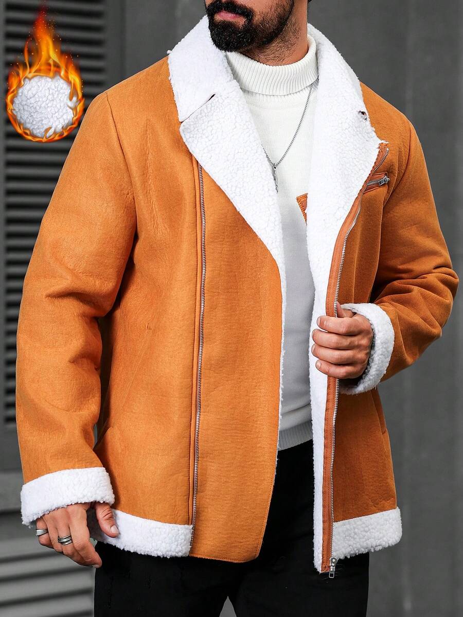Manfinity Homme Men's Lapel NeckLong Sleeve Zip-Up Casual Jacket, Thermal Lined, Autumn/Winter - Khaki - View 1