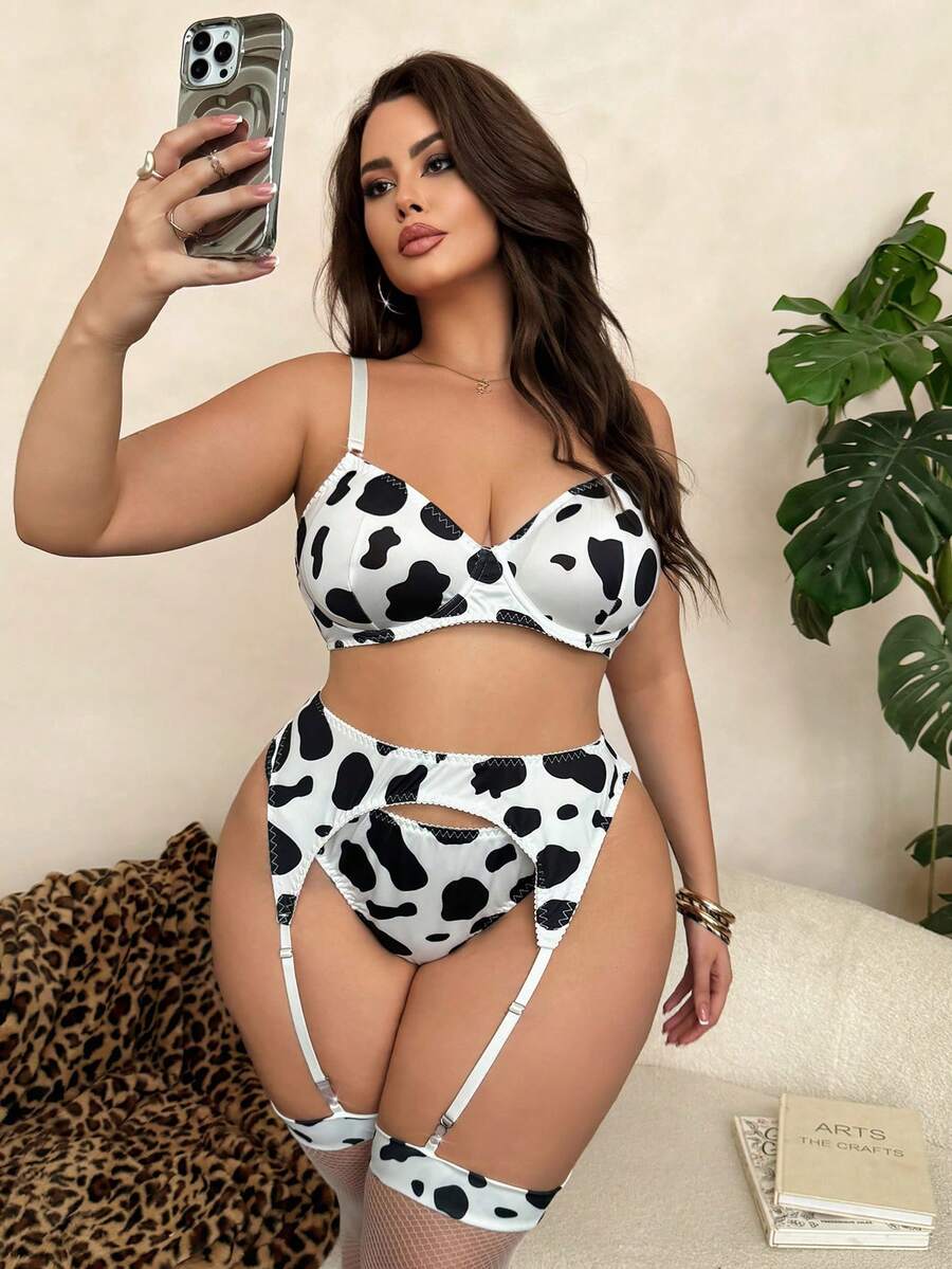 5pcs/Set Women's Sexy Cow Print Lingerie Set ClassicAnimalPrint - Black and White - View 1