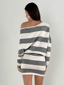 Aloruh Vestido de suéter mini con hombros descubiertos y rayas para mujer en otoño/invierno - Gris - Ver 2