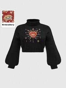 ROMWE Plus Size Women Gothic Romantic Heart Embroidery Rhinestone Crystal Teardrop Star Decor Turtleneck Sweater - Black - View 1