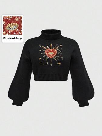 Plus Size Women Gothic Romantic Heart Embroidery Rhinestone Crystal Teardrop Star Decor Turtleneck Sweater
