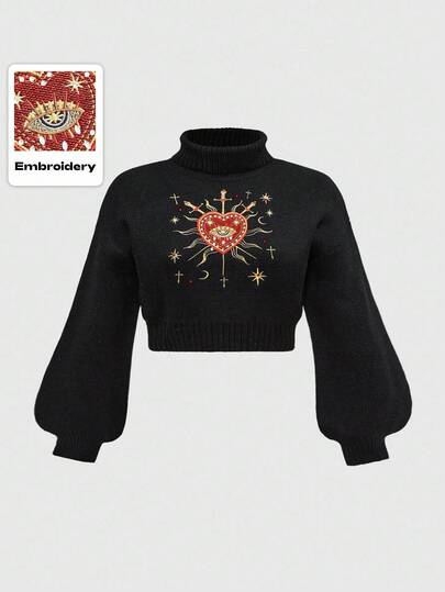 Plus Size Women Gothic Romantic Heart Embroidery Rhinestone Crystal Teardrop Star Decor Turtleneck Sweater