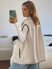 DAZY 女士秋冬宽松羊羔绒背心，商务休闲街头风立领外套，常规款女式外套 - 米色 - 查看 2