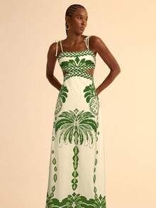 CAJUNI Đầm không tay màu hồng boho in hình cây chuối và quả dứa cho nữ, cạp chun sau lưng khoét sâu, váy mùa hè thường ngày cho ngày lễ - màu xanh lá - Xem 4