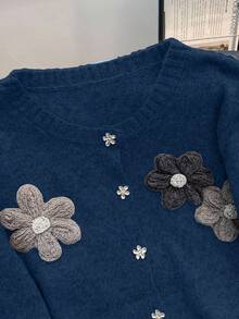 Franclia New Autumn/Winter Elegant Handmade Floral Soft Petite Women Cardigan Sweater - Navy Blue - View 4
