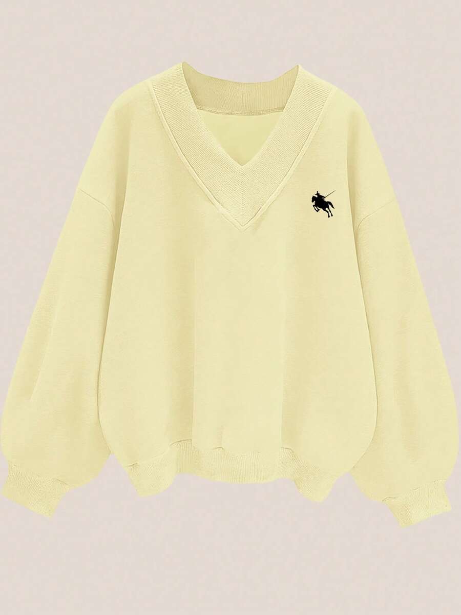 SHEIN EZwear 女款休閒寬鬆V領小碎花圖案衛衣,淺黃色,適合秋冬穿著 - 鵝黃色 - 查看 1