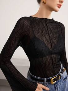 Heiryn Women's Zebra Print Mesh Round Neck Flare Sleeve Fitted Sexy Fashion T-Shirt - Black - View 7