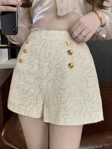 DAZY Solid Color Studded Sequin Design Women's Fashion Shorts - Apricot - View 3