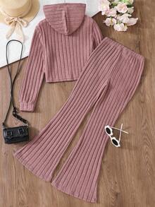 SHEIN Tween Girls' Spring/Summer Solid Color Hooded Long Sleeve Top And Flared Pants Casual 2-Piece Setholiday,Summer,Travel,Getaway - Pink - View 2