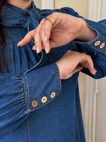 EMERY ROSE Plus Size Women's Knotted Collar Denim Long Sleeve Dress - Medium Wash - View 3