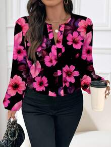 Reflora Bluzka z długim rękawem i nadrukiem kwiatowym w dużym rozmiarze, elegancka i swobodna, odpowiednia na wiosnę/lato - Wyrazisty róż - Zobacz 1