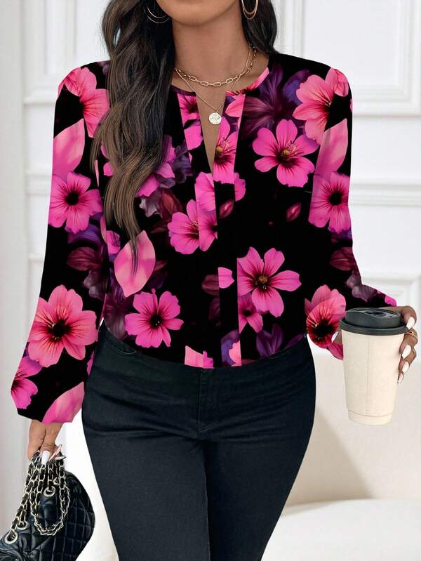 Reflora Bluzka z długim rękawem i nadrukiem kwiatowym w dużym rozmiarze, elegancka i swobodna, odpowiednia na wiosnę/lato