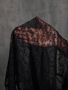 SHEIN SXY Plus Size Women's Sexy Street Letter Pattern Transparent Mesh Black Tight And Sexy Long-Sleeve Bodysuit (No Bra)/Fall/Winter