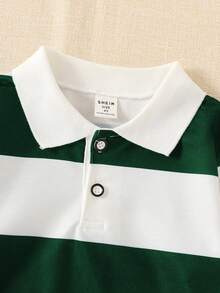 SHEIN Explorewe 小男孩条纹撞色领针织休闲宽松复古美式长袖 Polo 衫，适合上学和日常穿着 - 墨綠色 - 查看 6