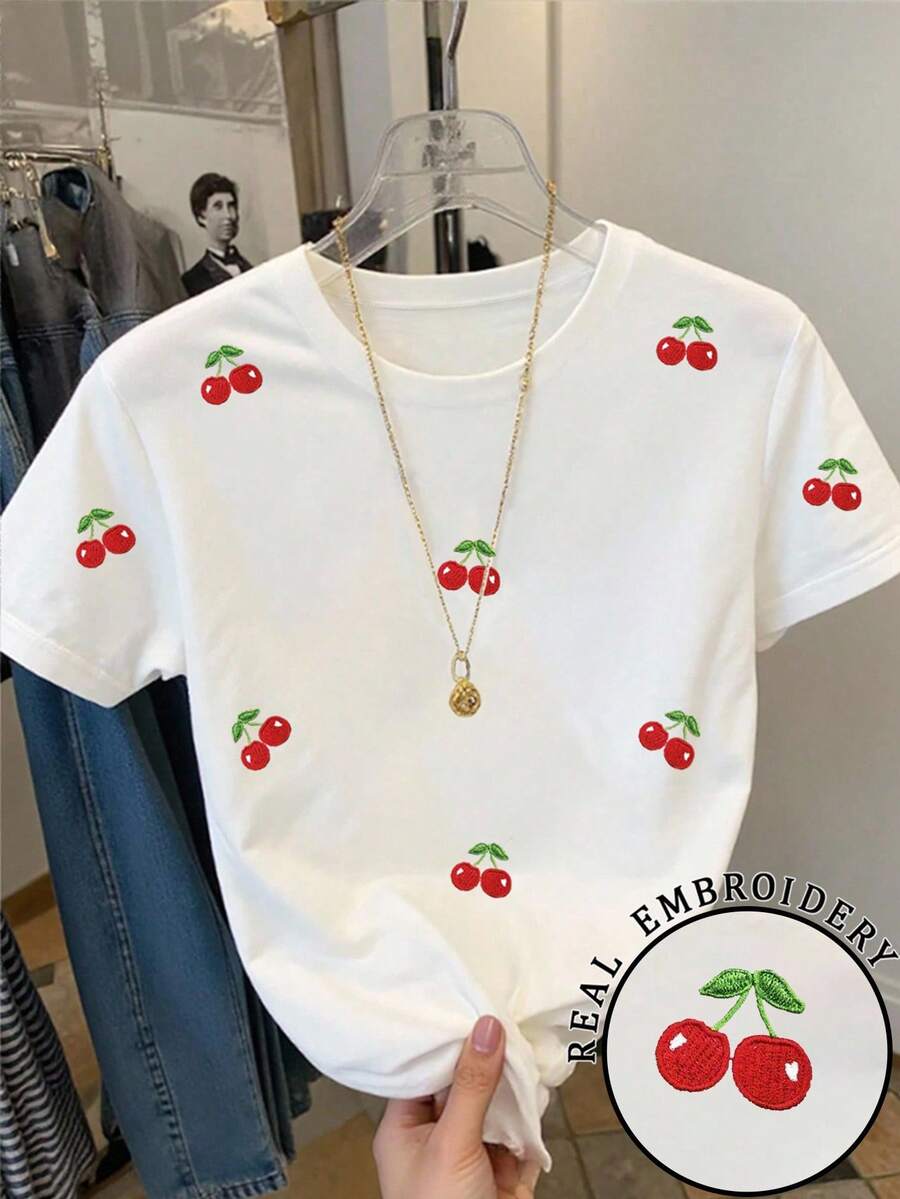 Resyla Áo thun tay ngắn thêu họa tiết quả anh đào thường ngày dành cho nữ, mùa hè - trắng - Xem 1