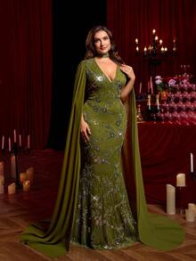 Glamrae Robe longue élégante et sexy verte à col ras-du-cou, col en V profond, ornée de strass et de sequins, manches longues en mousseline, ourlet sirène avec traîne drapée. Convient pour les mariages, les fêtes, les événements de célébration, les tenues de gala (design très orné) - Vert - Voir 8