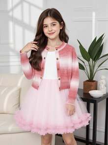 2pcs Girls Rainbow Ombre Mohair Cardigan & Cute Mesh A-Line Dress Set, Fashionable Casual Outfit For Holiday & Daily Wear - Pink - View 2