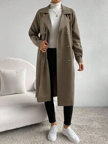 SHEIN Essnce Lapel Neck Raglan Sleeve Double Breasted Belted Trench Coat In Fall/Winter,Fall,Fall Clothes For Women - Mocha Brown - View 5