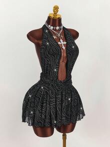 Amplova Halter Deep V-Neck Sleeveless Ruffle Pleated Sexy Bodycon Mini Slip Dress - Black - View 6