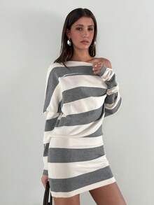 Aloruh Vestido de suéter mini con hombros descubiertos y rayas para mujer en otoño/invierno - Gris - Ver 5