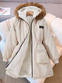 SHEIN 少女休闲百搭简约连帽加厚棉服外套，带刺绣标志，松紧腰身，2 个前口袋，适合秋冬季外出、散步、购物、通勤，可搭配长袖毛衣、裤子、运动裤