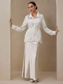 Graceveil Blusa de manga larga con cuello de tela texturizada, adecuada para el atuendo de mujeres árabes, otoño - Beis - Ver 6