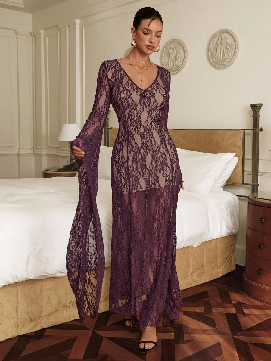 Aloruh Purple Batwing Sleeve Lace Halloween Dress - Purple - View 1