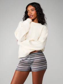 MISSGUIDED 钩针编织多色横条纹超短热裤夏季海滩节休闲裤 - 黑色 - 查看 1